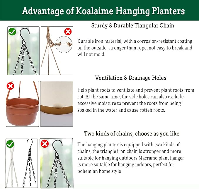 Hanging Planter Self Watering 10 Inch, 2 Pack Indoor Outdoor Hanging Baskets, Hanging Flower Pots with Drainage Hole & 2 Kinds of Plant Hangers for Garden Home Decor(Black Hanger