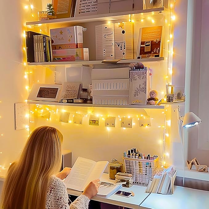 JMEXSUSS Connectable Warm White String Lights Indoor Bedroom, 8 Modes Christmas String Light Plug in Classroom Lights, 33ft 100 LED Fairy Twinkle Light Outdoor for Classroom Christmas Tree Decor