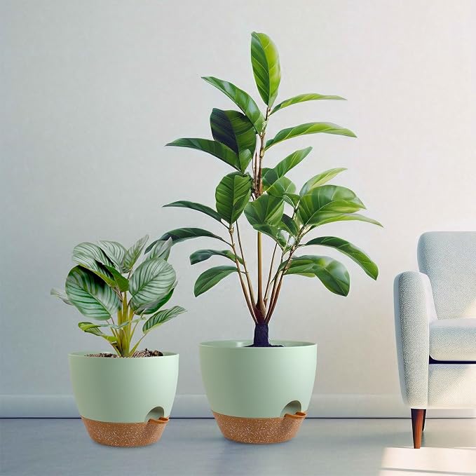 10/9/8 inch Self Watering Pots, Planter, Plant Pots with Mesh Drainage Holes for Indoor Outdoor Garden Plants, Plastic Flower Pots with Deep Reservoir for House Plants, Green with Brown