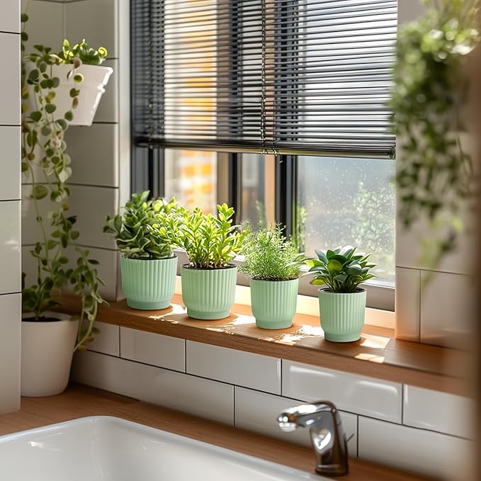 T4U 7 Inch Self Watering Pots for Indoor Plants, 4 Pack Green Plastic Flower Pots for All House Plants, Flowers, African Violets