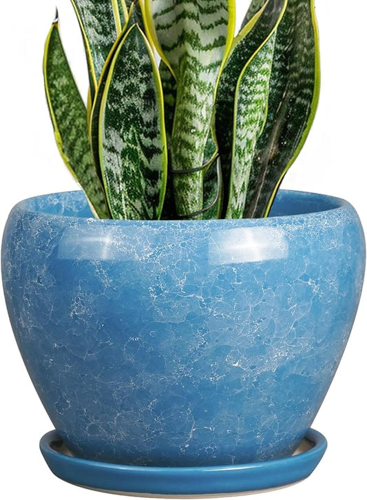 Ceramic Planter - 8 Inch Plant Pot with Drainage Hole and Saucer, Glaze Round Flower Pot for Home Garden Patio Office, Blue
