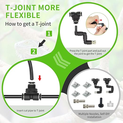 Misting Irrigation Kit Plant Watering System Fittings with 1/4 inch 1/2 inch Blank Distribution Tubing Hose Adjustable Nozzle Emitters Sprinkler Barbed Fittings Greenhouse
