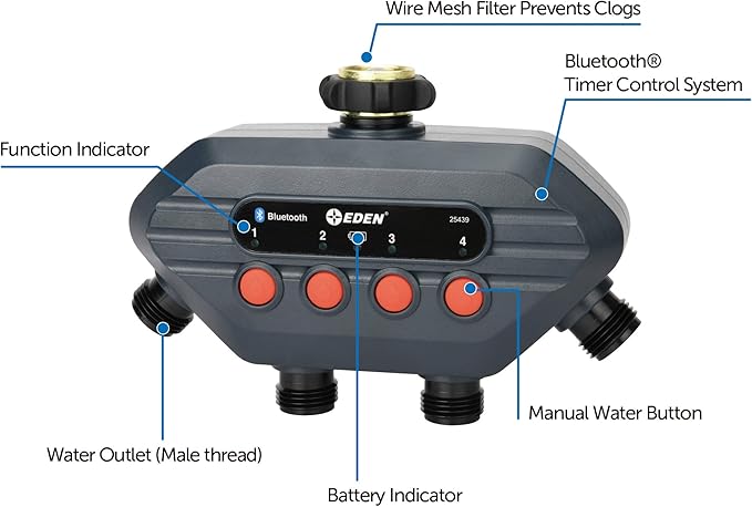 Eden 93443 4-Zone Bluetooth Water Timer |, Stainless Steel Washers Charcoal Gray