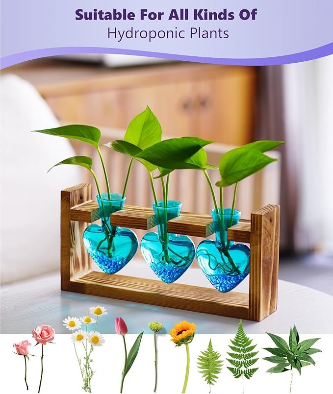 Nacome Plant Terrarium for Office Decor: Wooden Stand Tabletop Planter 3 Bulb Glass Vase Heart Shaped for Hydroponics Indoor Home - Birthday Gifts for Women Mom Grandma