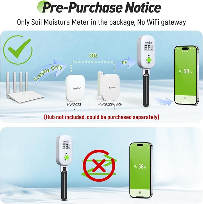 RAINPOINT Smart Digital Wireless Plant Moisture Meter Houseplant Indoor,WiFi Hub Needed,Capacitive Probe,Leave-in Soil Hygrometer Sensor,Real-time Monitor Humidity Tester Outdoor Gardening