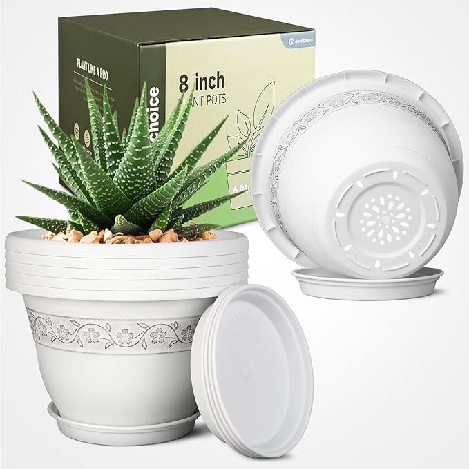 8 Inch Plant Pots with Drainage Hole - Lightweight Flower Pots for Herbs and Flowers - Home Decor Plastic Planters for Indoor Outdoor Plants- Pack of 6 (White, 8 inch)