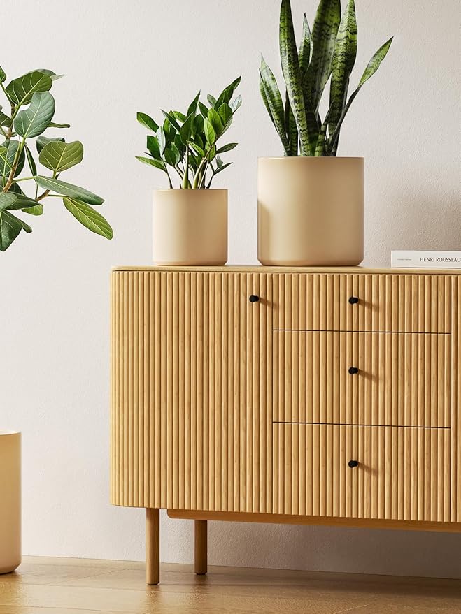 LE TAUCI Ceramic Plant Pots Indoor, 10+8+6 Inch Planters for Indoor Plants, Mid-Century Modern Flower Pots with Drainage Hole and Plug, Cylinder Round Planters, Set of 3, Cloud Cream