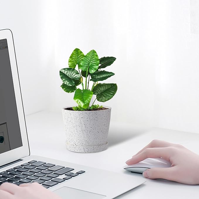 6 Inch Plant Pots Bulk, 6 Pack Plastic Planters with Drainage Holes and Saucers for Indoor Outdoor House Plants and Flowers,White Spots