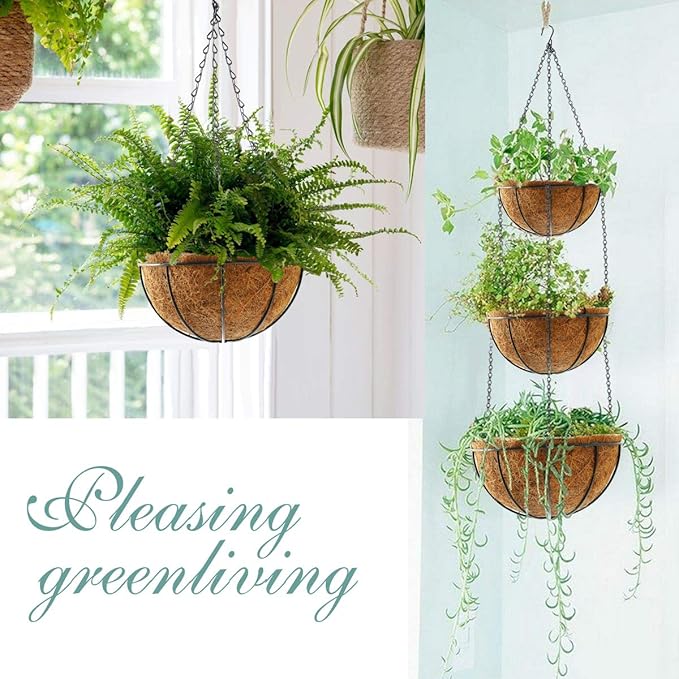 Hanging Plant Basket Flower Holder (4pack, 14 inch)-Metal Wire Round Hanging Basket Planter with Coco Fiber Liners for Plants Flower Pots Indoor Outdoor Garden Porch and Balcony Decor