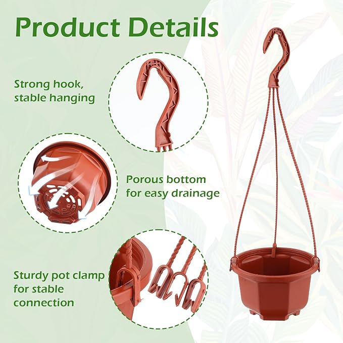 Roshtia 24 Pcs Hanging Plastic Planter Pot with Hook Flower Pots Baskets Hanging Nursery Planter Holder for Outdoor Indoor Plant Garden(Brown,5 Inch)