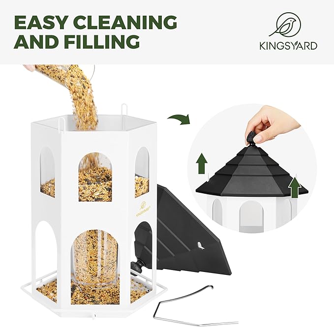 Kingsyard Metal Bird Feeder for Outdoor Hanging, Wild Bird Feeders with Circular Perch, Easy to Clean & Refill, 4 lbs Large Seed Capacity, White