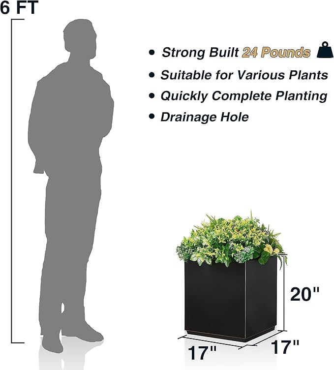 Metallic Heavy Cube Planter Box, No Assembly Required, Seamless Large Black Outdoor Planter 17”Lx17”Wx20”H 24Pounds Black with Hand Brushed Gold Rim