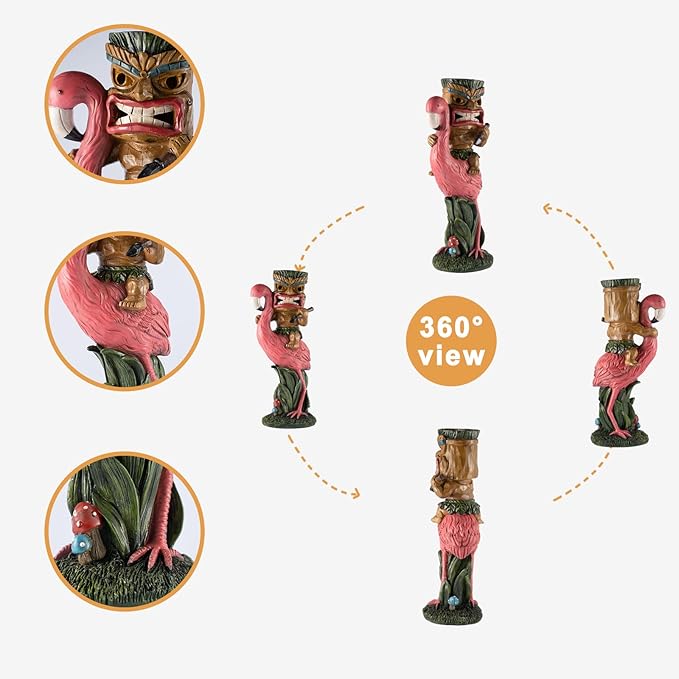 Solar Tiki Statue - Outdoor Statue - Solar Powered Garden Figurine Tiki Decoration for Bar, Patio, Balcony, Yard, Lawn, Table, Riding a Flamingo 13.66 Inches Tall