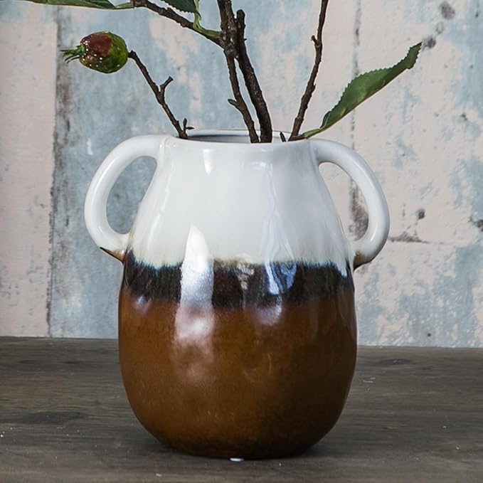 Multi Gradient Ceramic Vase with 2 Handles, Modern Farmhouse Decor, Rustic Terracotta Pottery, Decorative Flower Vases, Clay Small Vase, Centerpiece for Dining Table - 7 Inch Tall