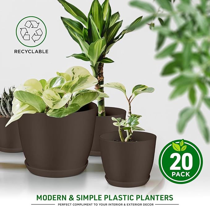Planter Pots with Drainage Holes - Lightweight, Durable & Space-Saving Pots for Indoor and Outdoor - Versatile Functionality, Simple Modern Design, Set of 20 Plastic Planter Pots - Brown