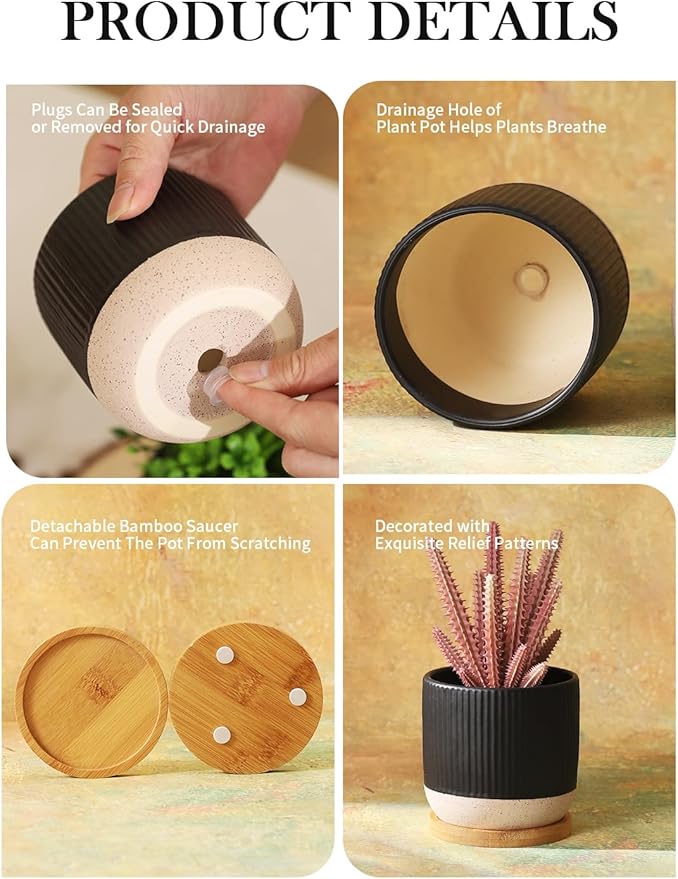 AOMRYOM 4 Inch Small Ceramic Plant Pots with Drainage Hole and Saucer, Modern Flower Planter for Succulent, Indoor Plants, Cactus, Herbs, Black, Set of 4 (Plant Not Included)