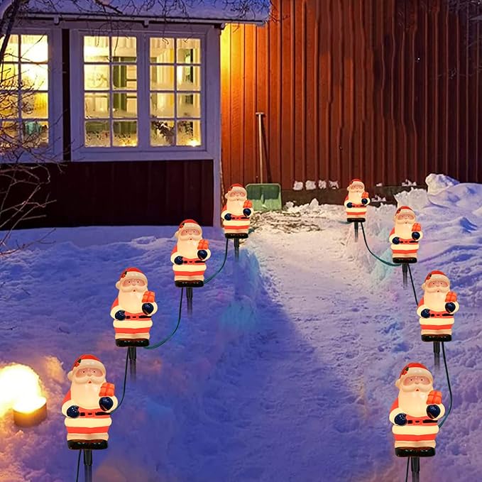Goothy 2 Sets Santa Christmas Pathway Stakes Lights, 7Ft C7 Outdoor String With 8 Santa Claus Driveway Marker, Connectable Decorations for Yard Garden Walkway