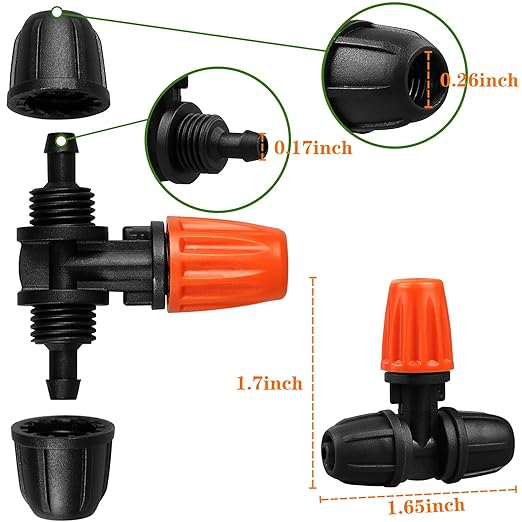 Upgraded Three-Way Atomizing Nozzle for 1/4 Inch Irrigation Tubing, 24 Pcs Adjustable Micro Spray Irrigation Emitters with Integrated 1/4 Inch Tee Fittings for Misting Watering System