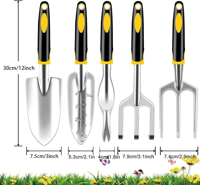 FEBSNOW Garden Tool Set - 5 Pieces Heavy Duty Gardening Hand Tools Kit Include Garden Trowel, Garden Rake, Spade Shovel, Weeder, Cultivator for Men, Women