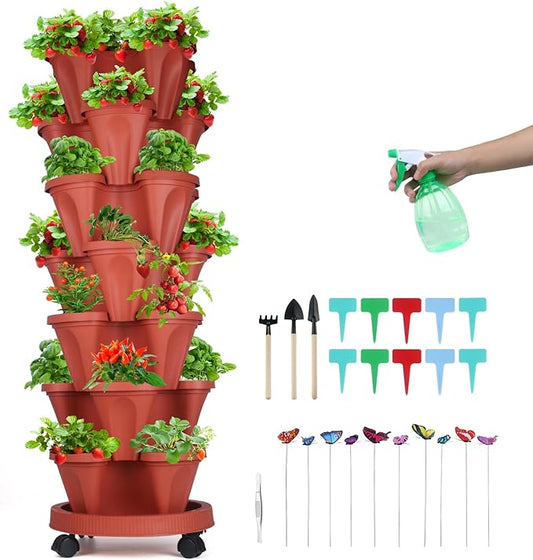 Vertical Planter, 7 Tier Stackable Strawberry Planter with Garden Tool Set, Movable Indoor/Outdoor Garden Herb Pot for Growing Vegetables and Succulents, Red