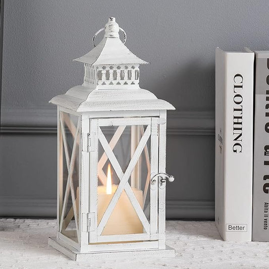 DECORKEY Lantern Decorative Indoor & Outdoor, Large Square Hanging Spring Home Decor, Vintage Metal Decorative Candle Lanterns for Outdoor Patio Wedding Party White with Black Brush