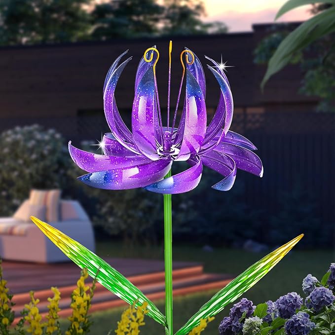 Wind Spinners Lotus Flower Windmills for Outside 47 inch Metal Wind Sculptures Outdoor Garden Decor Garden Gifts for Mom Women for Patio Lawn Decorations Yard