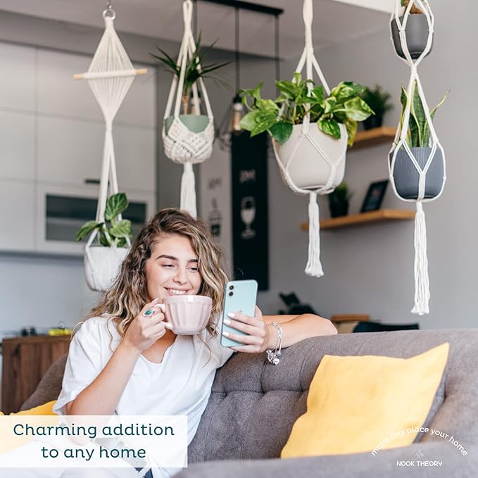 Nook Theory 4-Pack Macrame Plant Hanger - with 8 Ceiling Hooks - Hanging Planter Indoor Outdoor - Hanging Plant Holder - Decorative Bohemian Plant Hangers - Hanging Plants (Pearl)