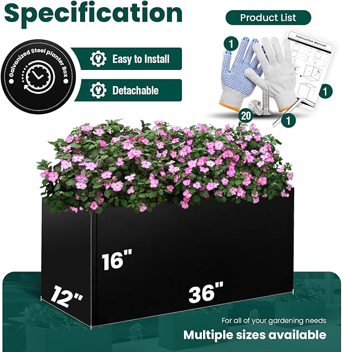 Black Planter Box Galvanized Steel Metal Planter Rectangular Indoor Large Outdoor Planters Steel Metallic Heavy Flower Pot 36In x 12In x 16In Commercial Residential for Patio, Deck, Backyard, Garden