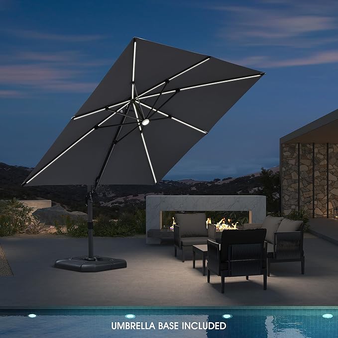 PURPLE LEAF 10 Feet Patio Umbrella with Base Outdoor Cantilever Solar Powered LED Square Umbrella Aluminum Offset Umbrella with 360-degree Rotation for Garden Deck Pool Patio Light Grey