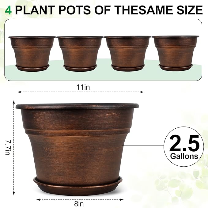 Plant Planters Pots Set of 4 Pack 11 Inch, Plastic Flower Pot for Indoor Plants with Drainage Holes & Trays, Resin Decorative Container Sets with Saucer for House Outdoor Garden Planters Copper