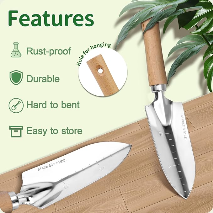 Garden Tool Set, 3 Pieces Gardening Kit with Garden Plant Twist Tie and Plastic Plant Tag, Stainless Steel Heavy Duty Garden Tools with Wooden Handle, Gardening Gifts for Women
