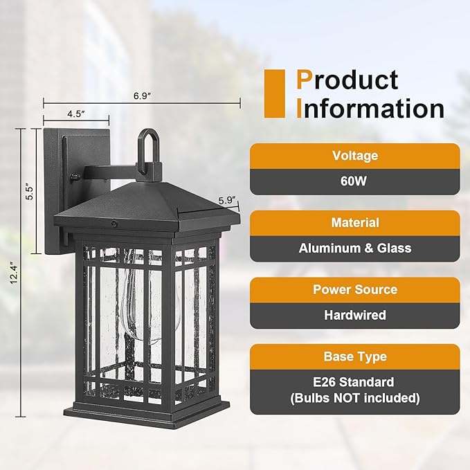 Outdoor Porch Lights Wall Mount, 12.4 Inch Outdoor Wall Lantern With E26 Sockets & Seeded Glass, Classic Exterior Lighting Fixtures, Waterproof Porch Light Fixtures For Garage (Bulbs Not Include)