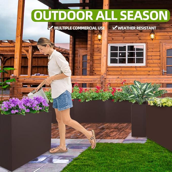 Metal Tall Long Planter Box Large Rectangular Planter Flower Pot with Drainage Holes for Indoor Outdoor Deck Porch Garden Home Patio Front Door (Espresso, S)