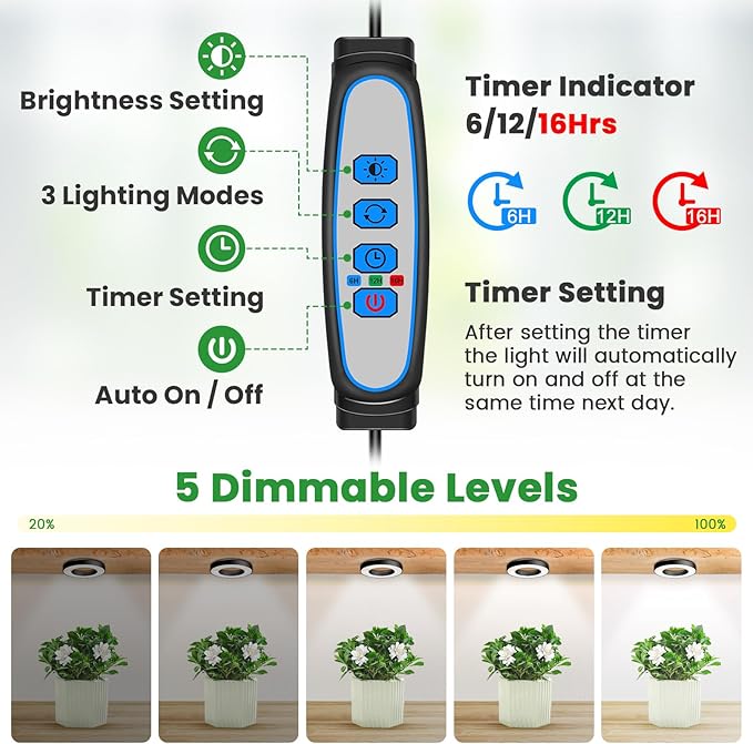 Wiaxulay Grow Lights for Indoor Plants, 144 LEDs Full Spectrum LED Plant Grow Light, 5V/3A Under Cabinet Grow Lamp with Auto Timer 6/12/16 Hrs, 3 Lighting Mode, 5 Brightness Levels, Tri Head (3.5in)