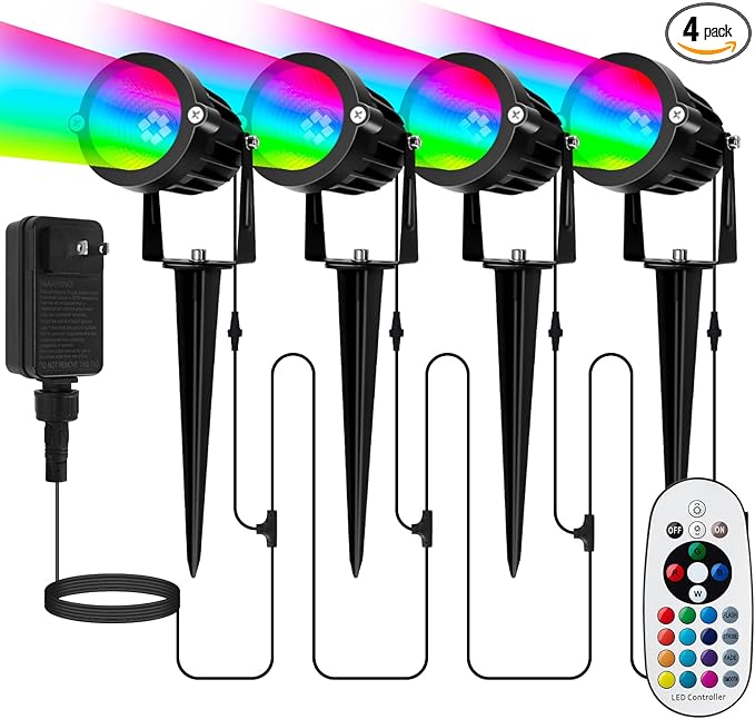 Spotlight Outdoor for Halloween Christmas: 4-in-1 RGBW Low Voltage Landscape Lighting Kit with Plug-in Transformer | 6W 24V IP65 Waterproof Color Changing LED Spot Lights with Remote for Yard Garden