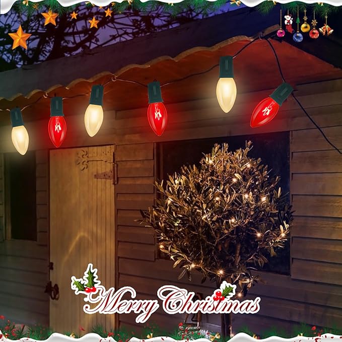 25FT C9 Christmas Outdoor Lights,Red and Frosted White Christmas Lights with 26 Bulbs(1 Spare),Commercial Vintage Red White Christmas Lights for Tree Yard Garden Porch Party