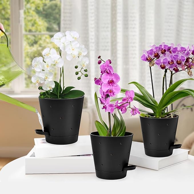 Orchid Pots with Holes, 6 Inch Self Watering Orchid Pot 2 Pack Plastic Plant Pots for Orchid, Flower (Black)