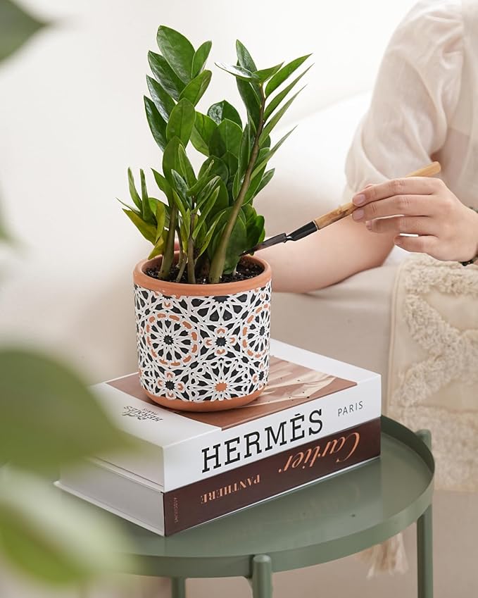 Ceramic Flower Pots for Indoor Plants Set of 2, 5 Inch Boho Plant Pot with Drainage Holes,Modern Planter for Decora Succulents/Snake Plant/Orchid/Peace Lily/House Plants,Terracotta