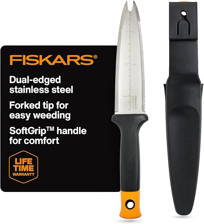 Fiskars Hori Hori Garden Knife with Sheath, Multi-Purpose Heavy Duty Gardening Hand Tool for Weeding, Planting, Digging with Hanging Hole