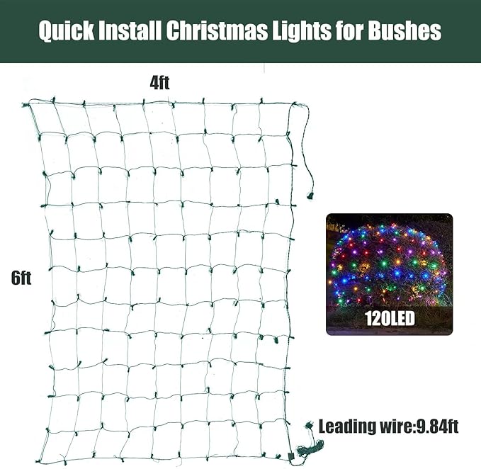 Led Christmas Net Lights Outdoor Christmas Decorations 120Led 6Ftx4Ft Connectable Waterptoof Mesh Net Lights for Trees Bushes Wedding Garden Outdoor Christmas Decorations (Multicolor)