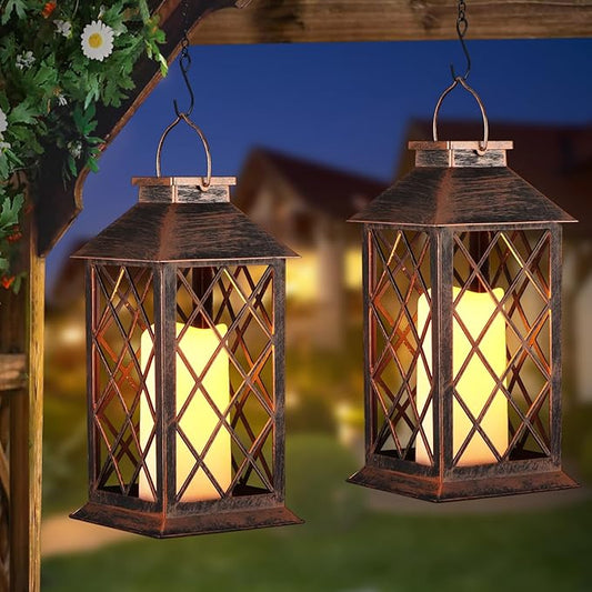 2 Pack Solar Lantern Outdoor Waterproof Garden Decor Hanging Lanterns Birthday Gifts for Women Mom 11" LED Flickering Flameless Candle Christmas Table Lights for Yard, Patio, Porch, Backyard