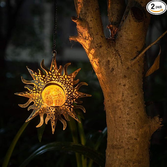 2 Pack Garden Decor Hanging Lanterns Outdoor Waterproof,Solar Lights Metal Sun Gifts Decoration for Yard Clearance Front Porch Lawn Driveway Patio Backyard Pathway Gardening Gift