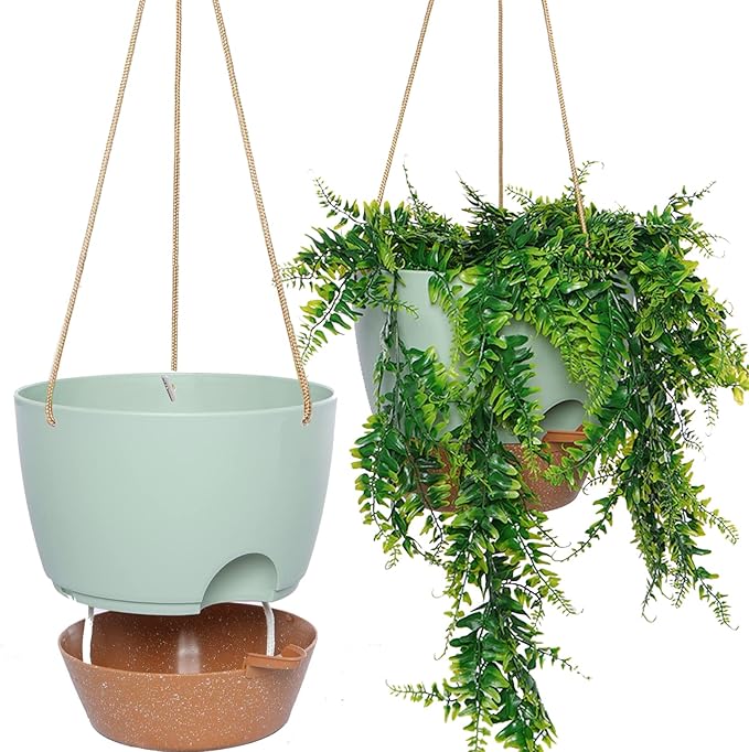 10 Inch Self Watering Hanging Pots, 2 Pack Hanging Planters with 40oZ Deep Reservior for Indoor Outdoor Plants Flowers, Green with Brown