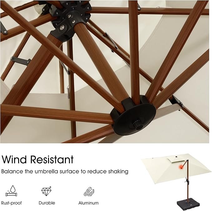 PURPLE LEAF 9' X 12' Double Top Deluxe Wood Pattern Rectangle Patio Umbrella with Base Offset Hanging Umbrella Outdoor Market Umbrella Garden Umbrella, Cream