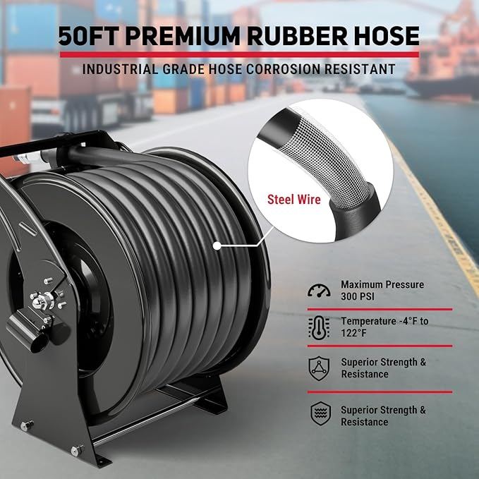 Retractable Fuel Hose Reel 1" x 50' with Fueling Nozzle, 300 PSI Heavy Duty Steel Construction Industrial Auto Swivel Spring Driven Diesel Hose Reel for Aircraft Ship Vehicle Tank Truck, Black