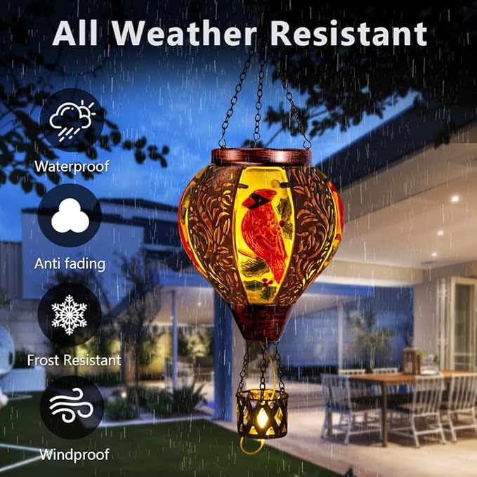 Starsoul Cardinal Hot Air Balloon Solar Lantern with Flame Candle, Hanging Hot Air Balloon Outdoor Solar Lanetrns Waterproof for Garden Patio Yard, Mother's Day Xmas Christmas Woman Gifts