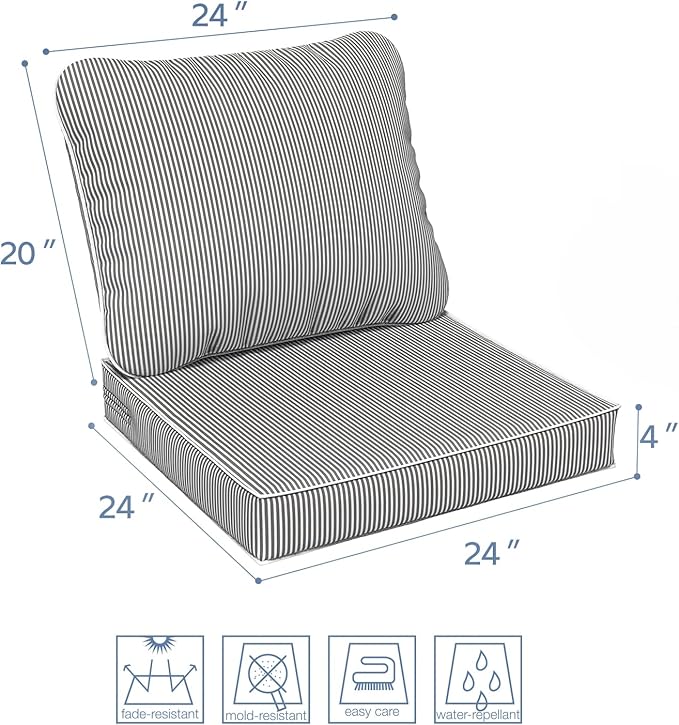 LVTXIII Outdoor Seat and Back Cushion Patio Deep Seat Cushion Set Seasonal Chair Cushion for Wicker Chairs and Garden Furniture Decoration, 24"x24"x4", Strip Grey