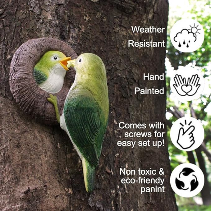 Mom and Baby Hummingbird Tree Hugger, Resin Bird Figurines Art Sculpture, Hanging Garden Statue Tree Peeker Ornament for Patio Lawn Porch Yard Outdoor Decorations