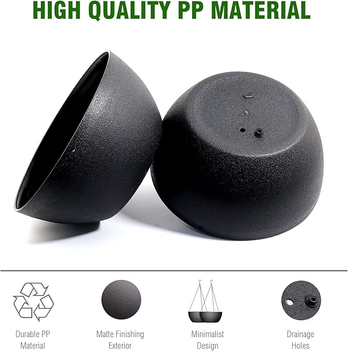 WOUSIWER 13 inch 2Pack Large Hanging Planters for Outdoor Indoor Plants with Drainage Holes and Chain, Round Hanging Flower Pots for Garden Home Porch Decor, Black