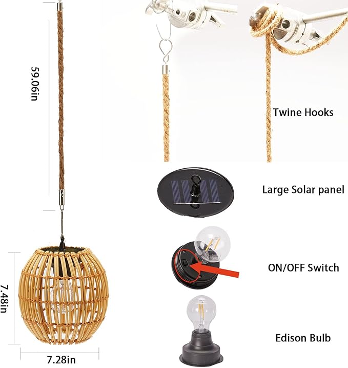 Hanging Solar Lantern Outdoor Waterproof, Large Solar Rattan Lantern Outdoor with Twine Handle, Bright Solar Outdoor Lights with Edison Bulb for Garden Patio Yard Decoration
